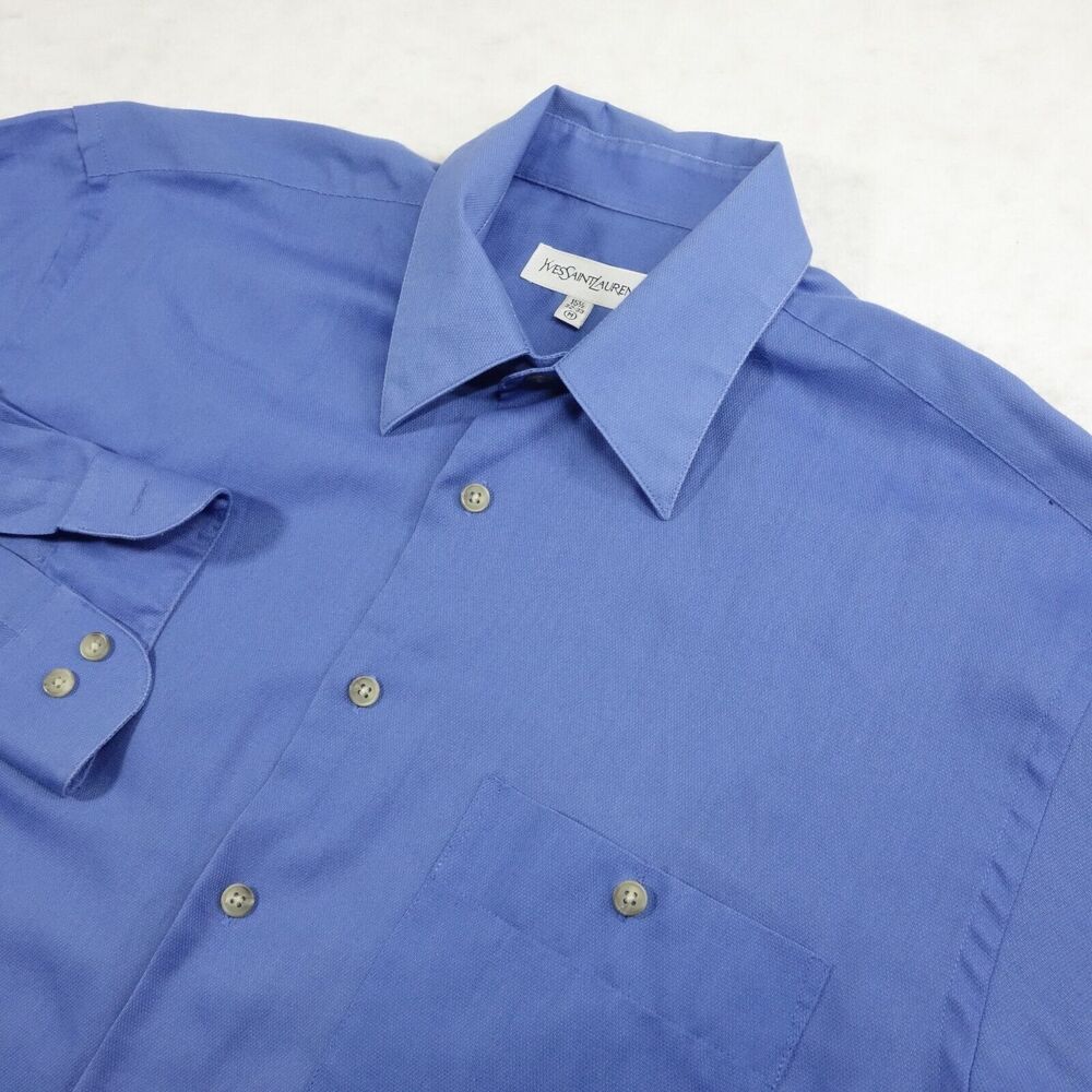 Yves Saint Laurent Shirt Mens Medium 15 32/33 Blue Button Birdseye Designer YSL
